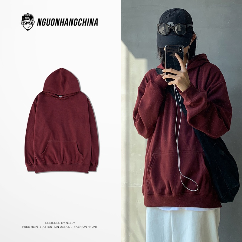 Áo hoodie Nelly Heybig trơn màu đỏ đô
