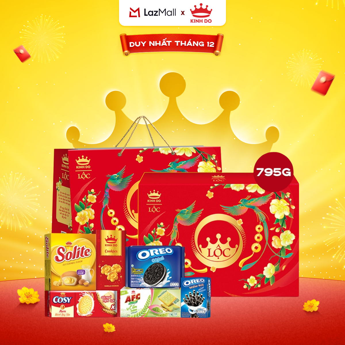   CÓ TÚI GIẤY  BỘ QUÀ BÁNH TẾT KINH ĐÔ LỘC PHÚ QUÝ ĐỎ VÀNG - HỘP GIẤY 795G 