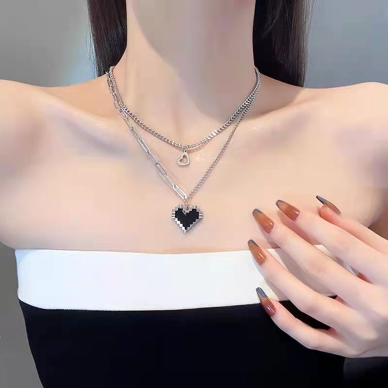 Dây chuyền, chocker sợi kép mặt hình trái tim cá tính Hàn Quốc