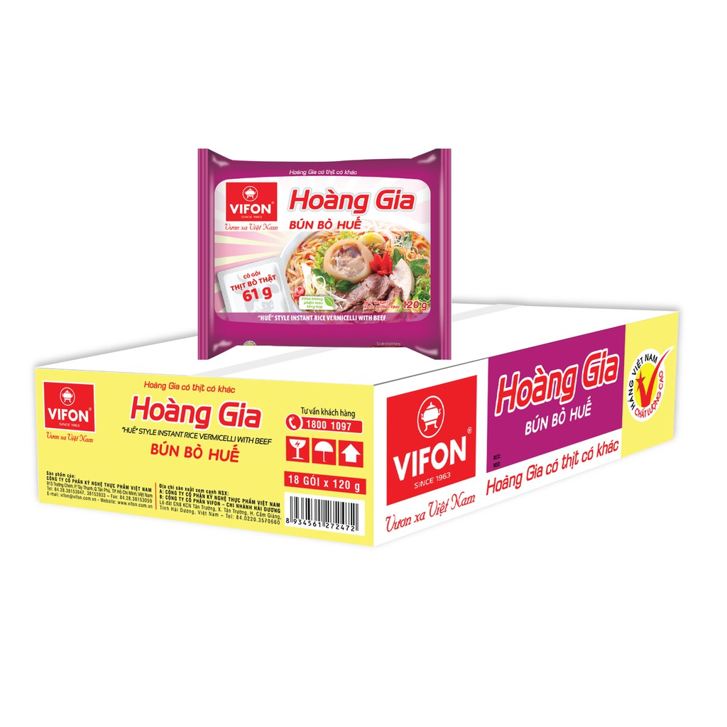12 gói bún bò huế hoàng gia có túi thịt thật vifon 120g/gói