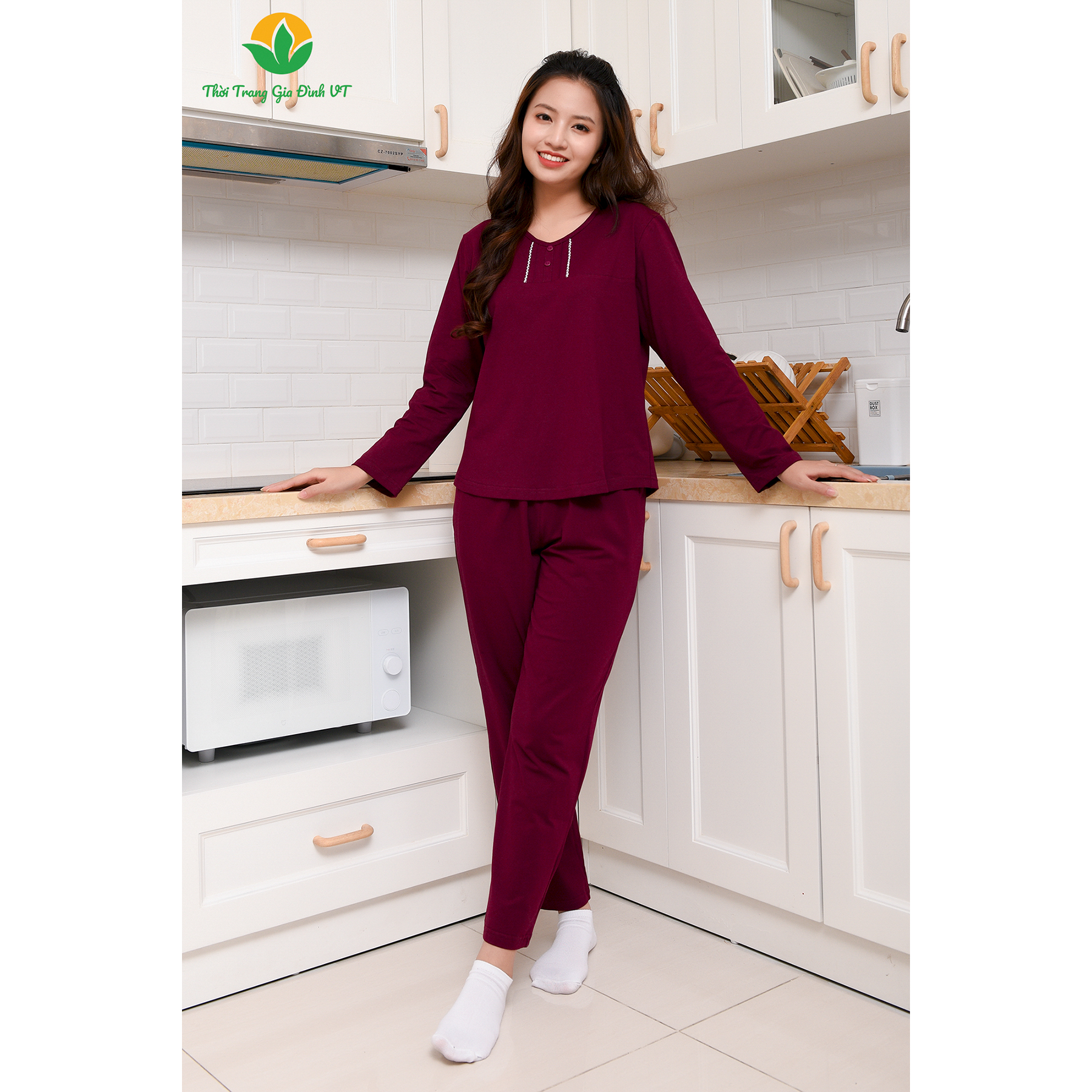 Bộ mặc nhà nữ thu đông Việt Thắng quần áo dài tay trơn cổ viền, chất thun - B50.2205