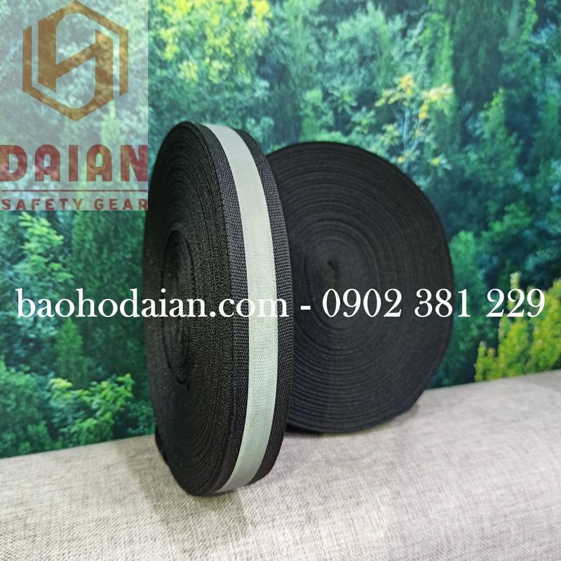 Dây phản quang vải màu đen sọc xám 2cm x 100m