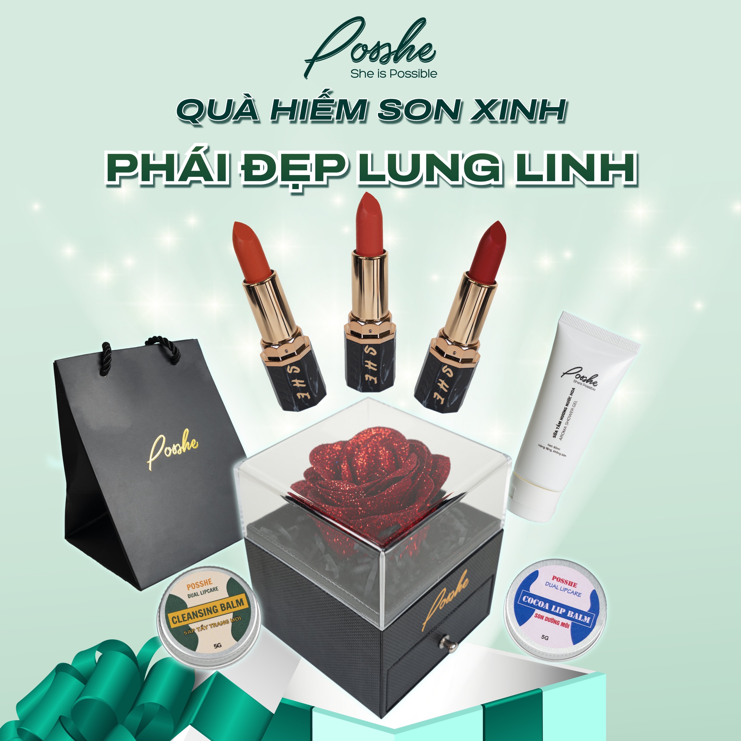 Set hộp quà 3 son sáp posshe kèm hoa sáp và quà tặng cao cấp chính hãng