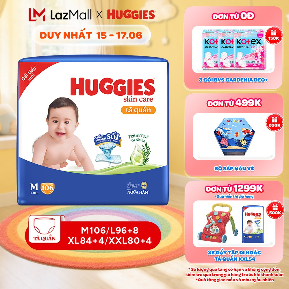 Tã quần Huggies Skincare Mega Jumbo M106/L100+4/XL84+4/XXL76+4 với tràm trà dịu da
