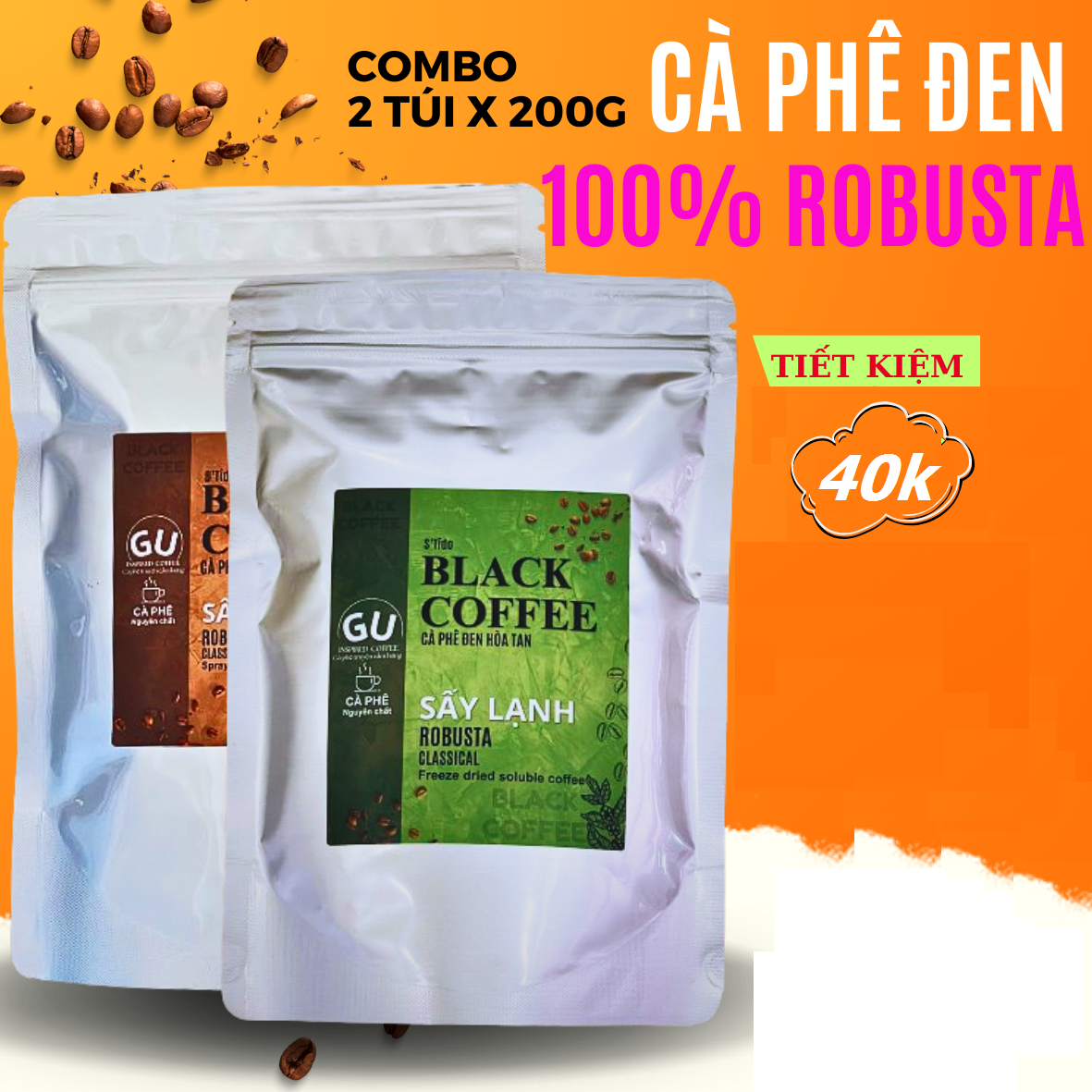 Combo Cà phê hòa tan Sấy lạnh và Sấy nóng, Cafe nguyên chất của hạt cà phê Robusta