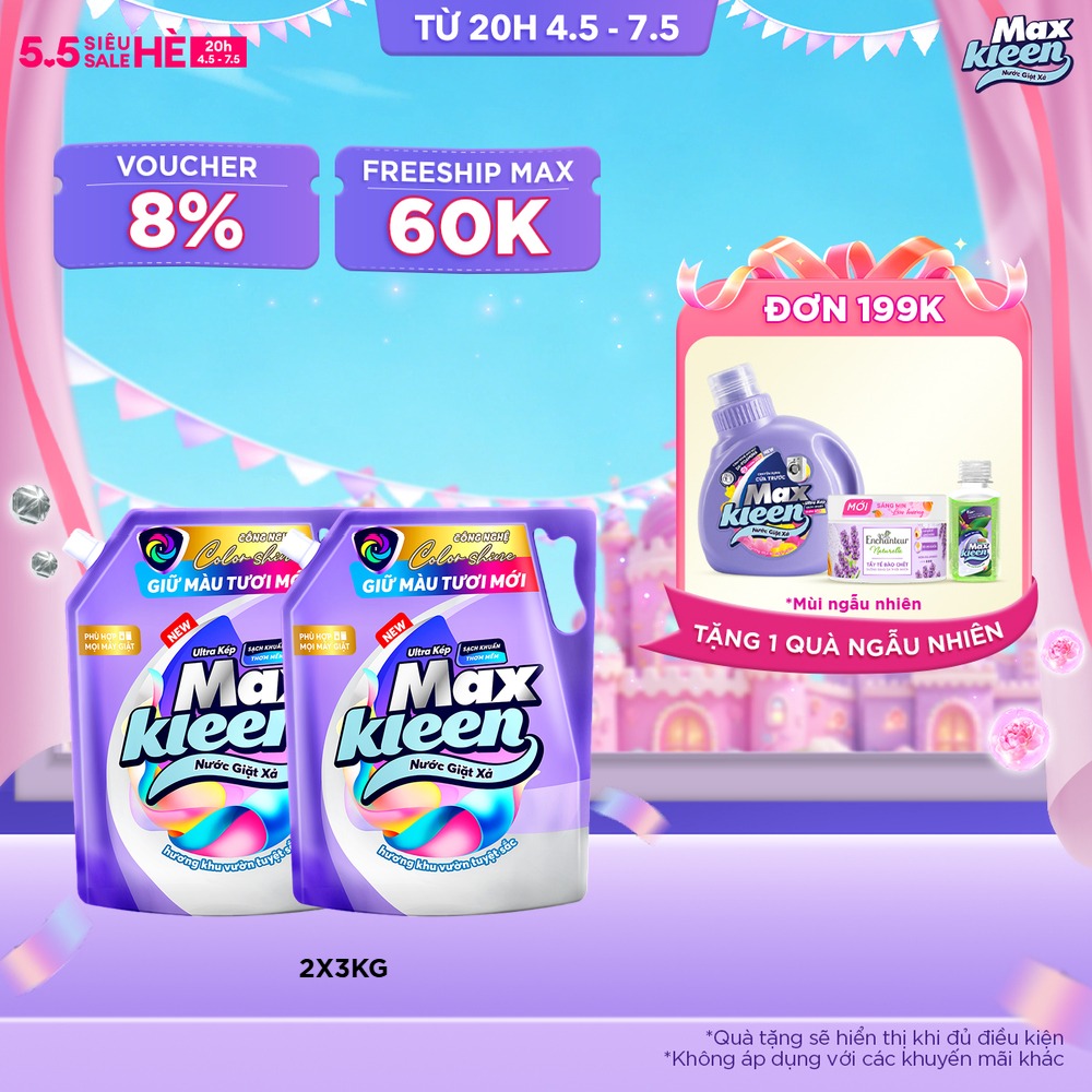 Combo 2 Túi Nước Giặt Xả MaxKleen Giữ Màu Tươi Mới Hương Khu Vườn Tuyệt Sắc 3kg/Túi