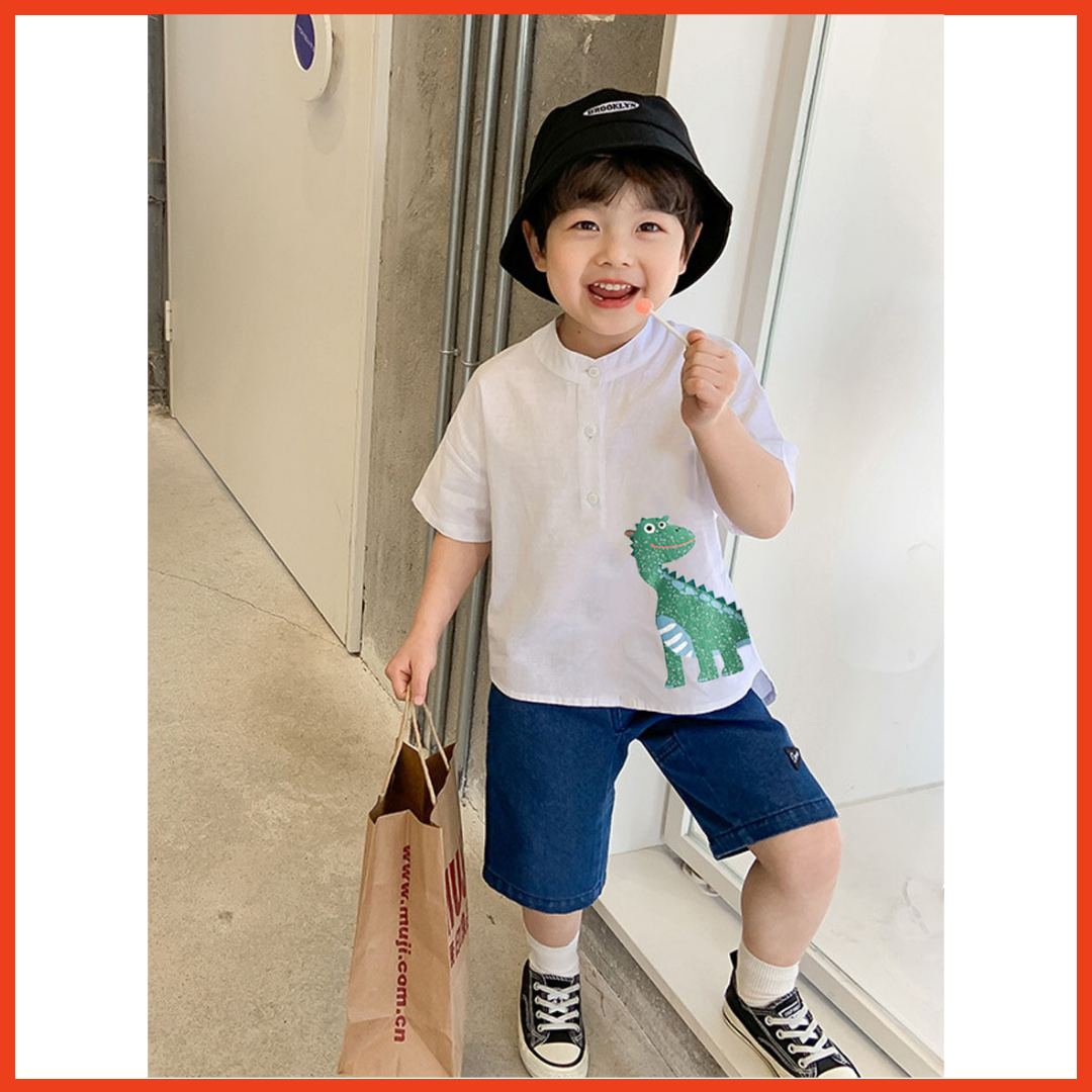 Áo Sơ Mi Cho Bé Trai Hàn quốc SUNNY'S BABY Cổ Tàu Tay Lỡ chất vải đũi thoáng mát họa tiết khủng long cho bé từ 10 đến 40kg đủ 4 màu