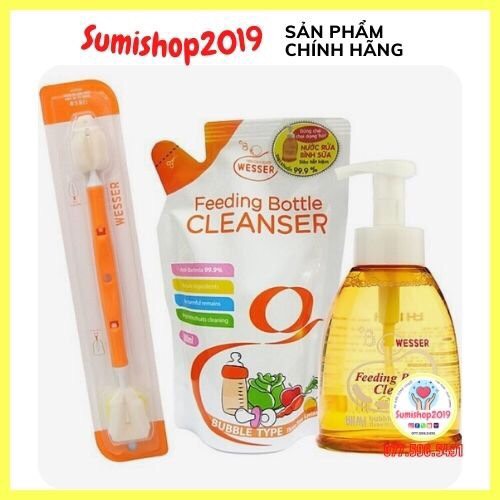 Nước Rửa Bình Sữa Kháng Khuẩn 500ML + Dụng cụ vệ sinh cọ rửa bình sữa đa năng Wesser