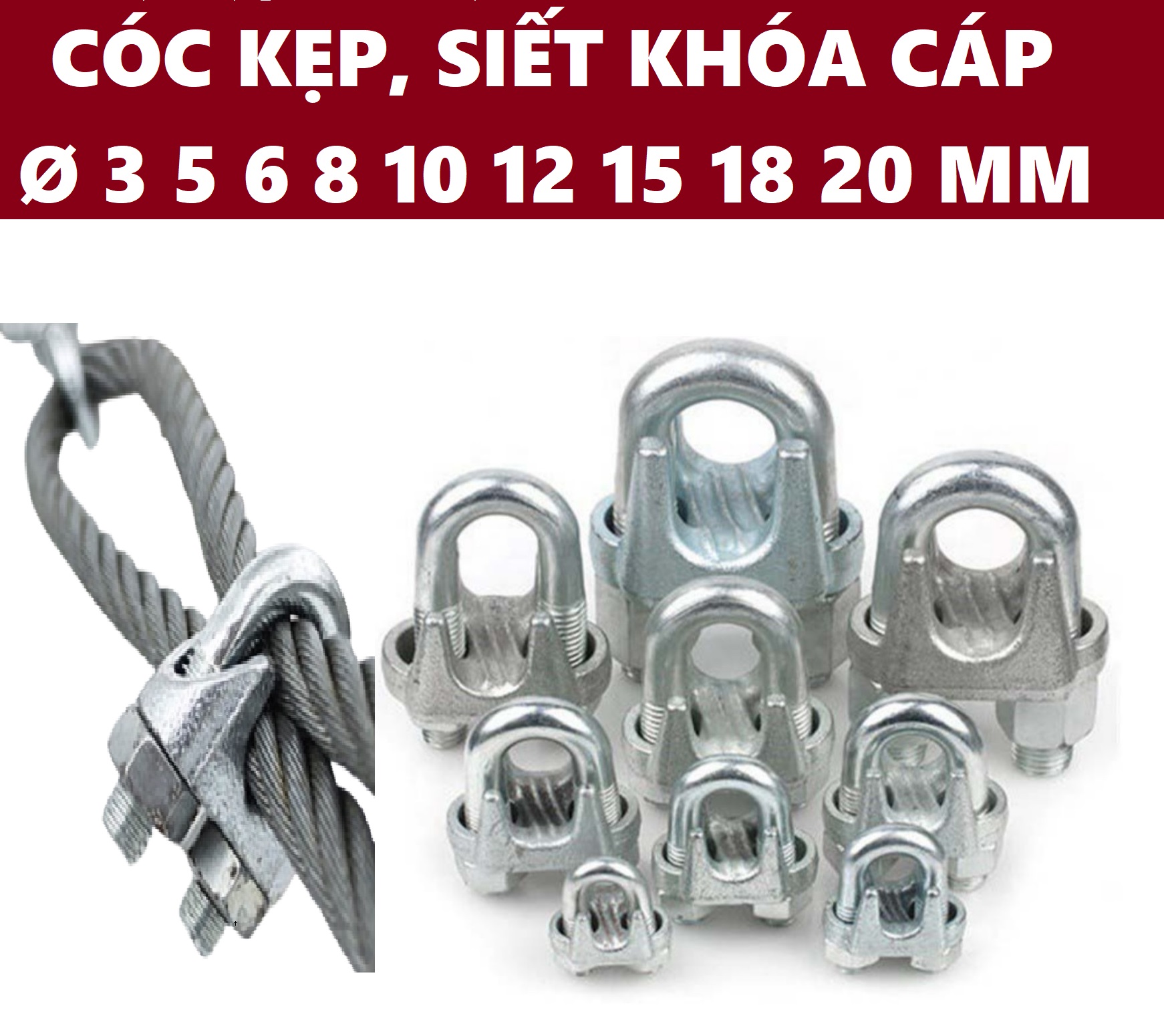 Cóc khóa dây cáp, cóc siết cáp ø 3 5 6 8 10 mm