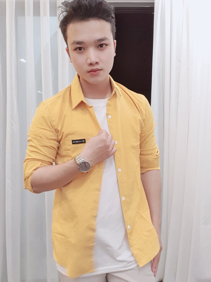 Áo sơ mi nam màu vàng, chất liệu đũi cao cấp, không nhăn xù