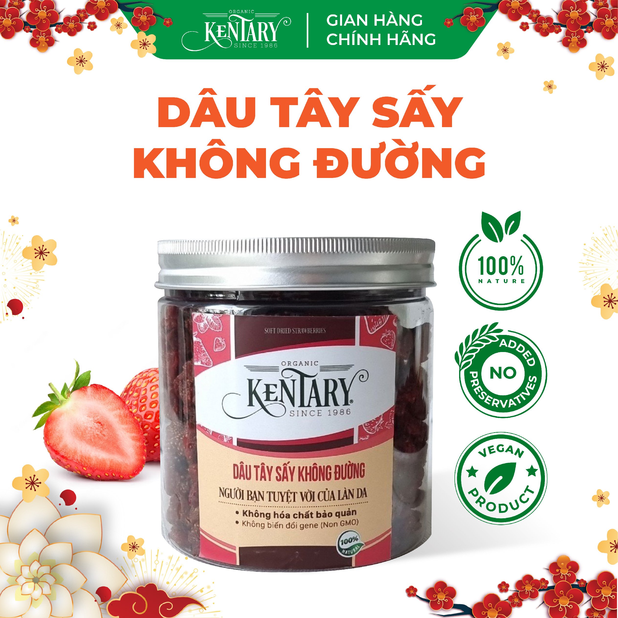 Dâu tây sấy dẻo không đường Kentary túi 200gr vị chua ngọt thanh nhẹ giúp  da mướt, dáng xinh, ngừa ung thư - đồ ăn eat clean