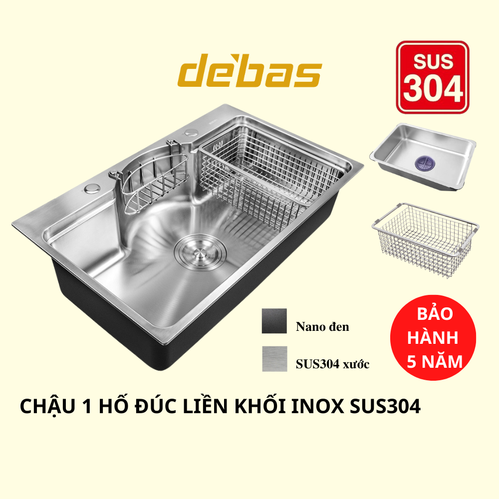 Chậu rửa bát 1 hố inox 304 cao cấp thông minh kiểu dáng nhật bản hiện đại đa năng Debas 7546 7848