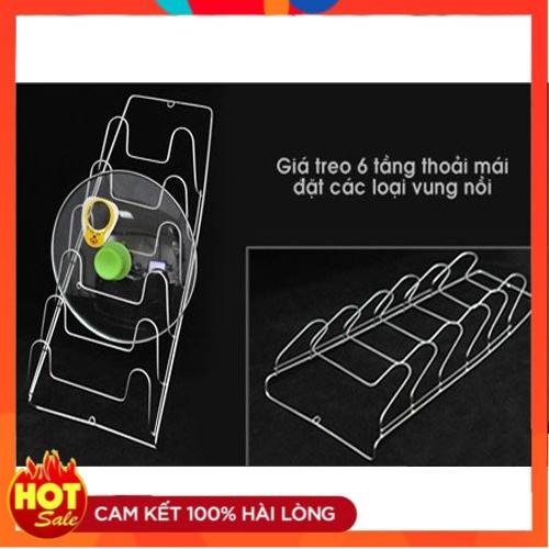 Kệ để treo vung nắp xoong nồi loại 1 , 6 hàng inox 304 gắn tường
