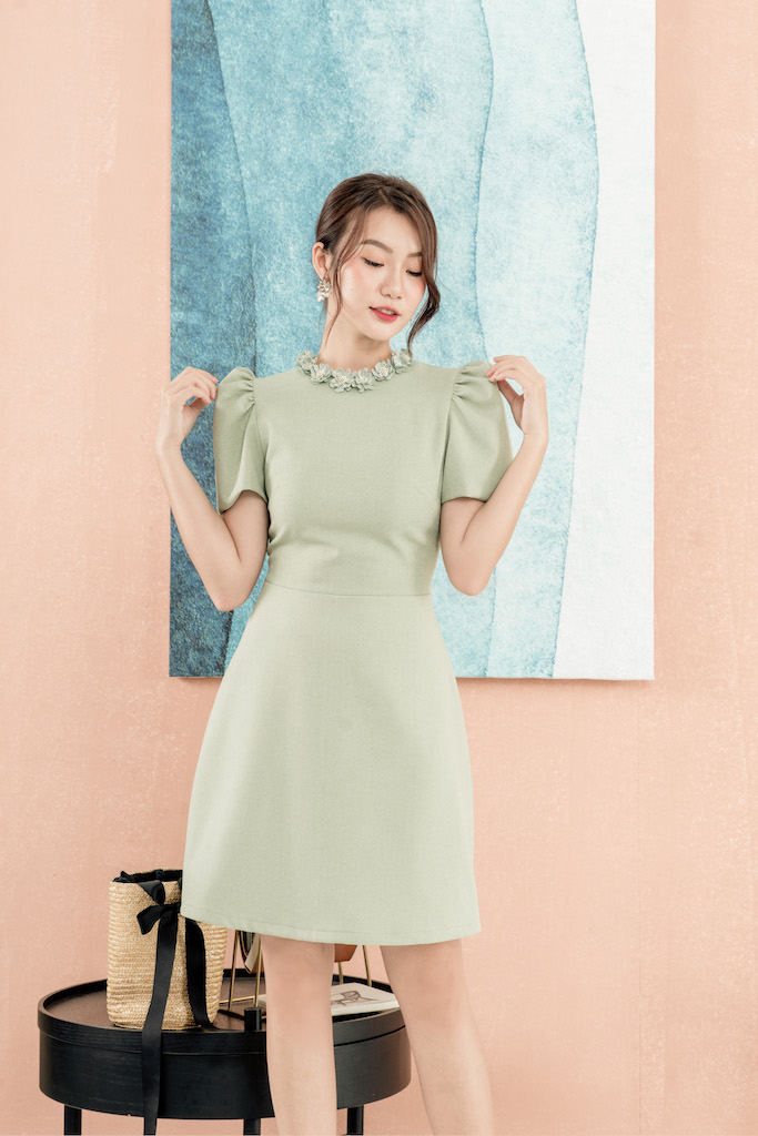 Rập - Đầm Xanh Tay Phồng Cổ Đính Hoa - SHINE 04 MINT