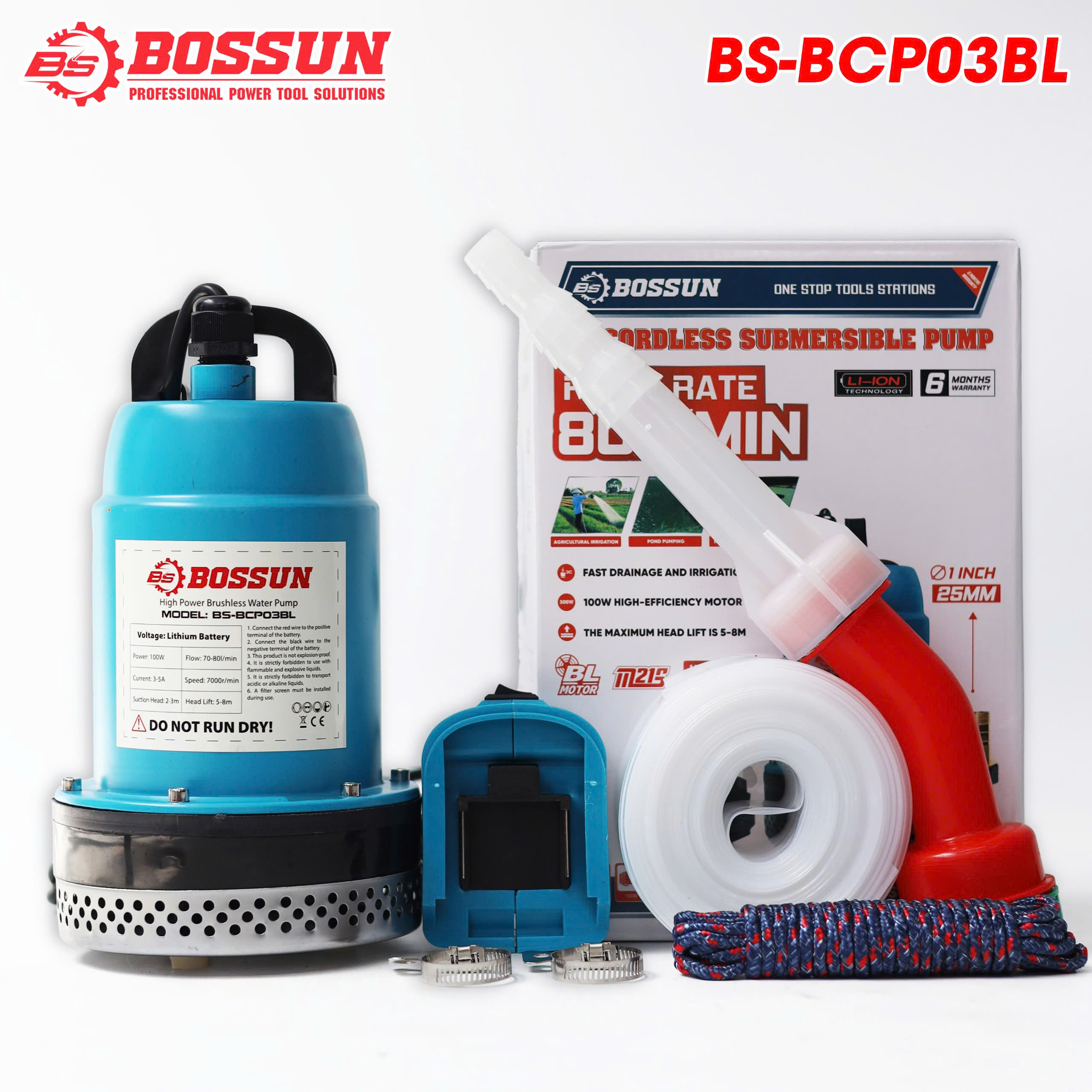 Máy Bơm Chìm Nước Sạch Bossun BS-BCP03BL Dùng Pin 21V, Động Cơ Không Chổi Than, Lưu Lượng 80L/Phút