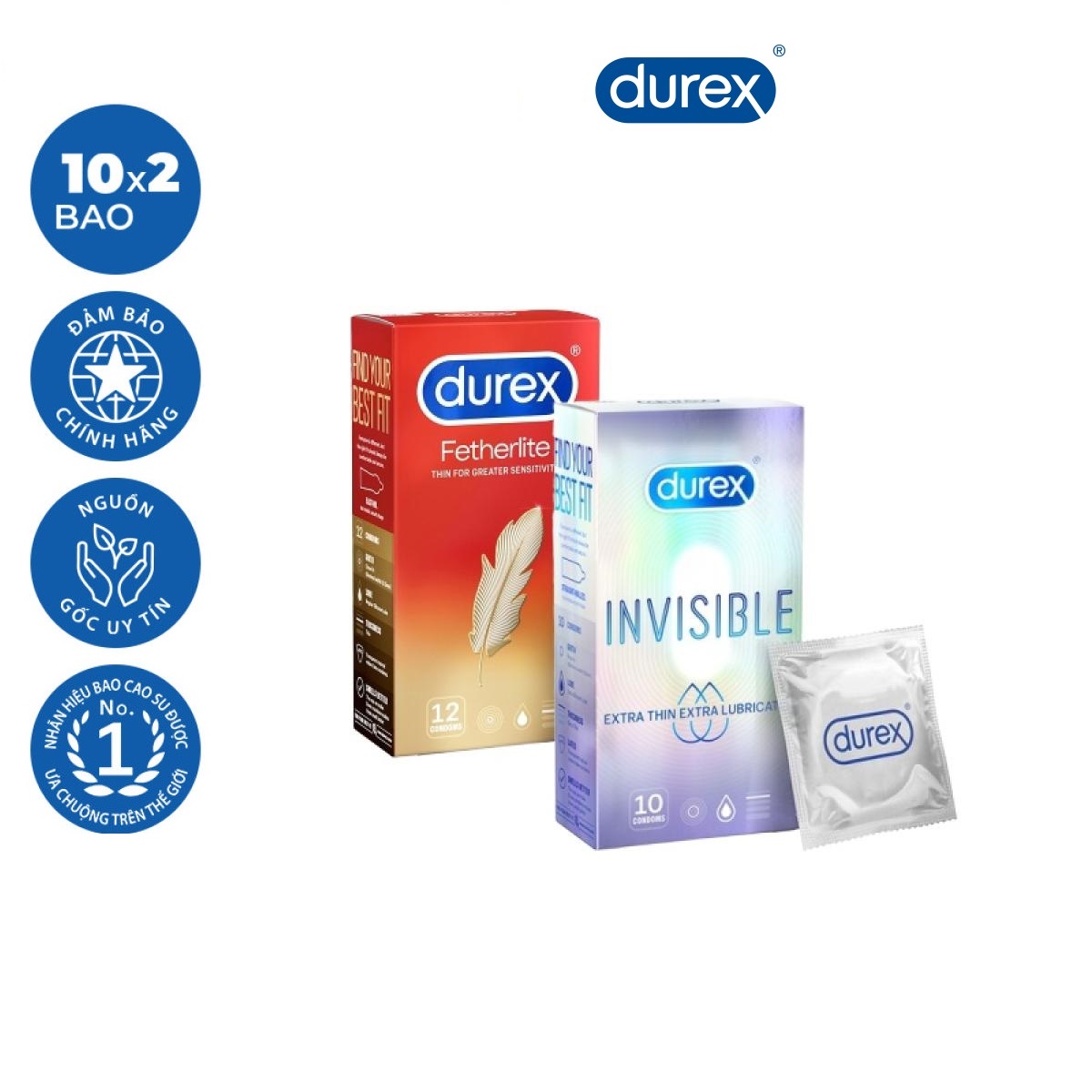 Bao cao su Durex Invisible Extra Lubricated 10 bao / hộp + Bao cao su Durex Fetherlite 12 bao