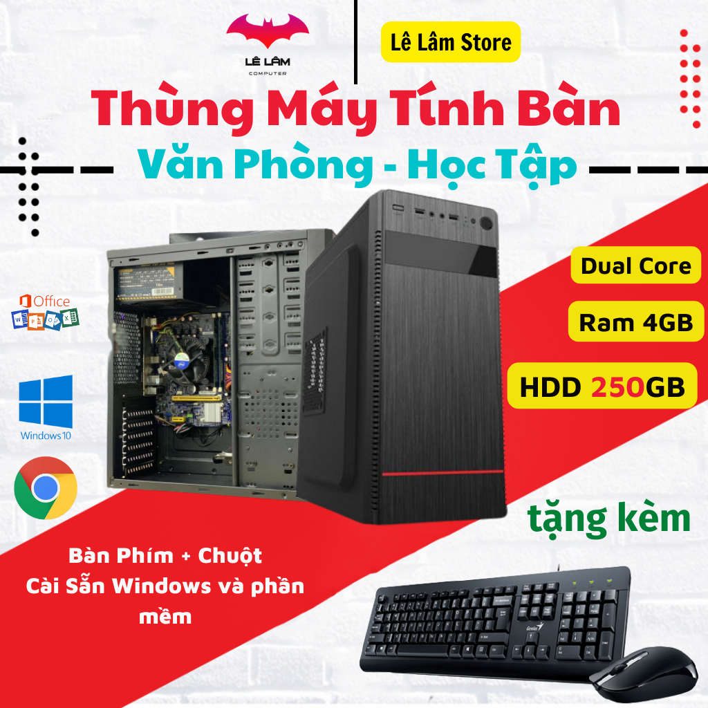 Máy tính bàn văn phòng, học tập, giải trí cơ bản - dual core ram 4gb ổ cứng 250gb + kèm bàn phím và chuột - cài sẵn windows theo yêu cầu - lê lâm store