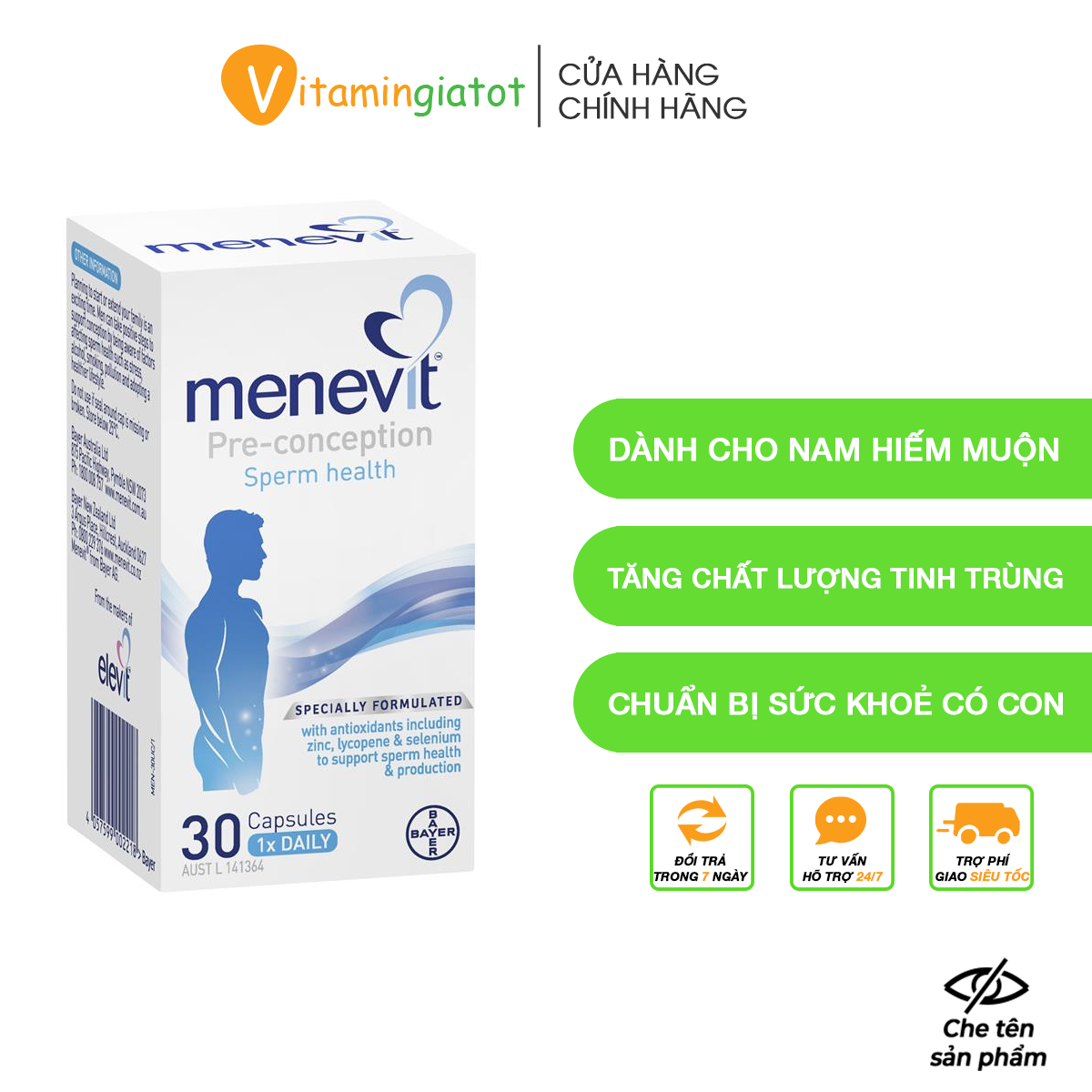 Viên Uống Menevit Úc hỗ trợ tăng chất lượng tinh trùng cho nam 30 viên