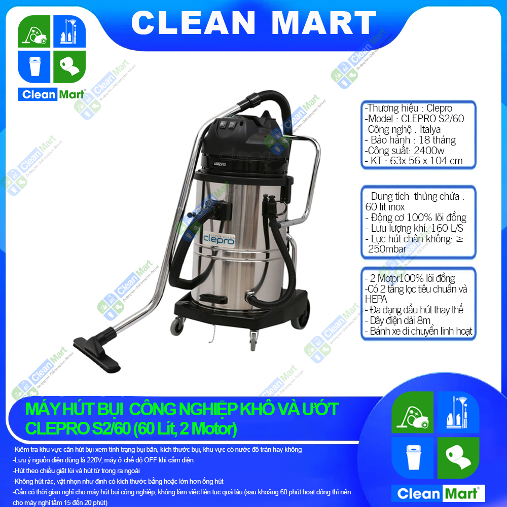 [Clepro] Clepro S2-60 Industrial Vacuum Cleaner (60 Liters, 2 Motors) - Clean Mart