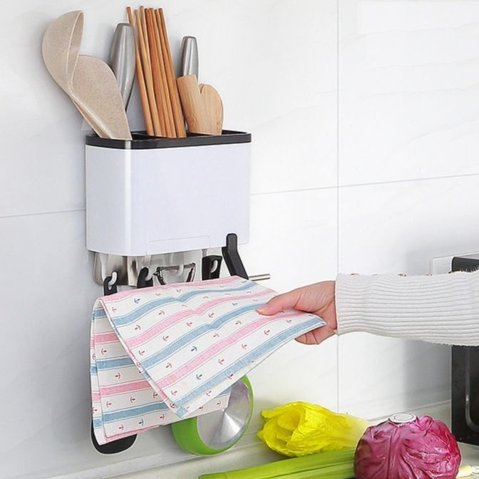 Hộp muỗng đũa dán tường cao cấp eco, giá nhựa đựng đũa muỗng nhà bếp có móc treo cao cấp