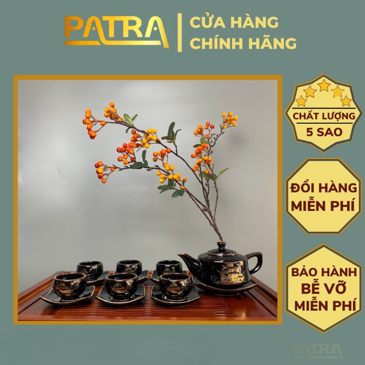 Bộ ấm chén uống trà Bát Tràng - thuận buồm xuôi gió men đen bóng