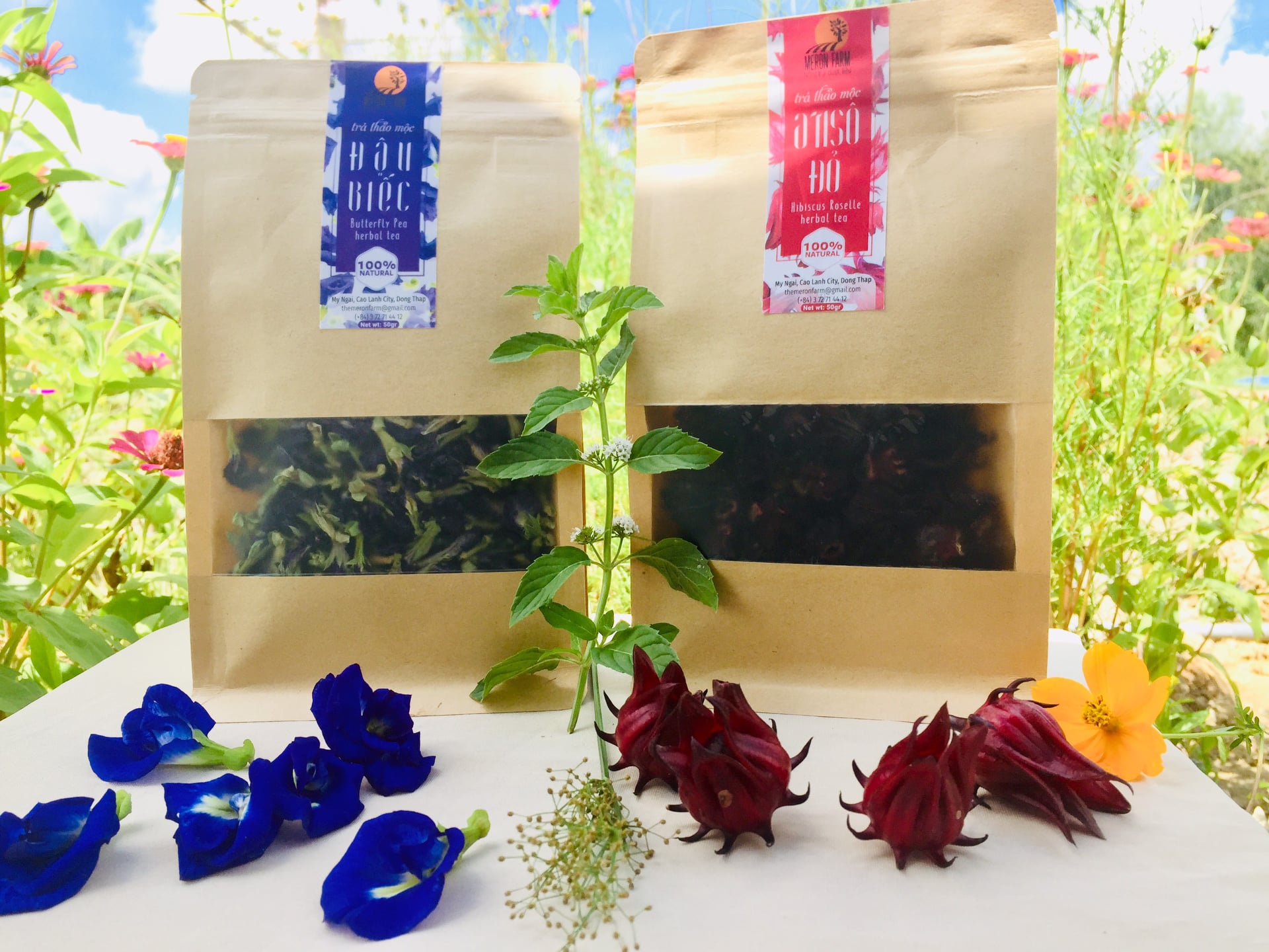 [HCM]Combo Trà Hoa Đậu Biếc và Trà Atiso Đỏ Meron Farm - Túi 50gr - Thanh Nhiệt Cải Thiện Thị Lực An Thần Làm Đẹp Da Đẹp Tóc