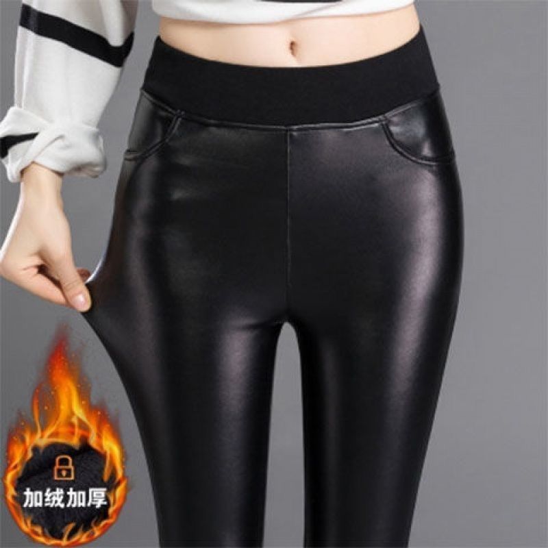 Quần Da Mẫu Lót Nhung Cho Nữ PU Quần Da Quần Ống Nhỏ Tôn Dáng Thu Đông Quần Mặc Trong Bó Sát Co Giãn Cạp Cao MặC Ngoài Quần Nữ