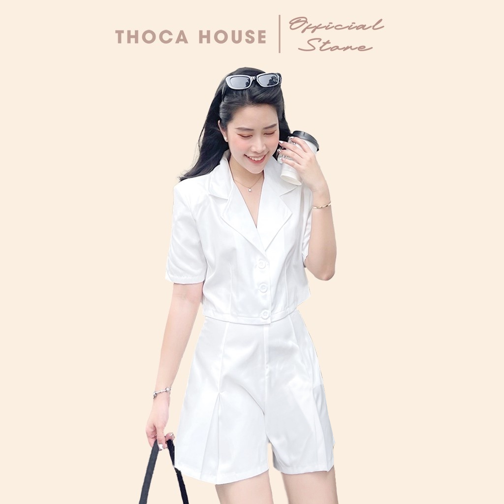 Set đồ kiểu vest - Áo croptop 3 nút phối quần short trắng, đen THOCA HOUSE thanh lịch trẻ trung công sở
