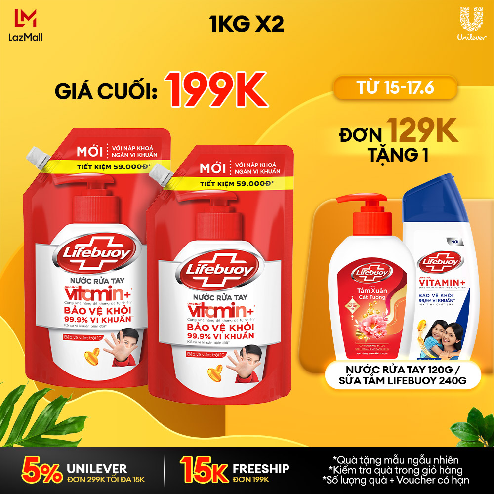 Combo 2 Nước Rửa Tay Lifebuoy Công thức Vitamin Sữa Dưỡng Ẩm Túi 1KG