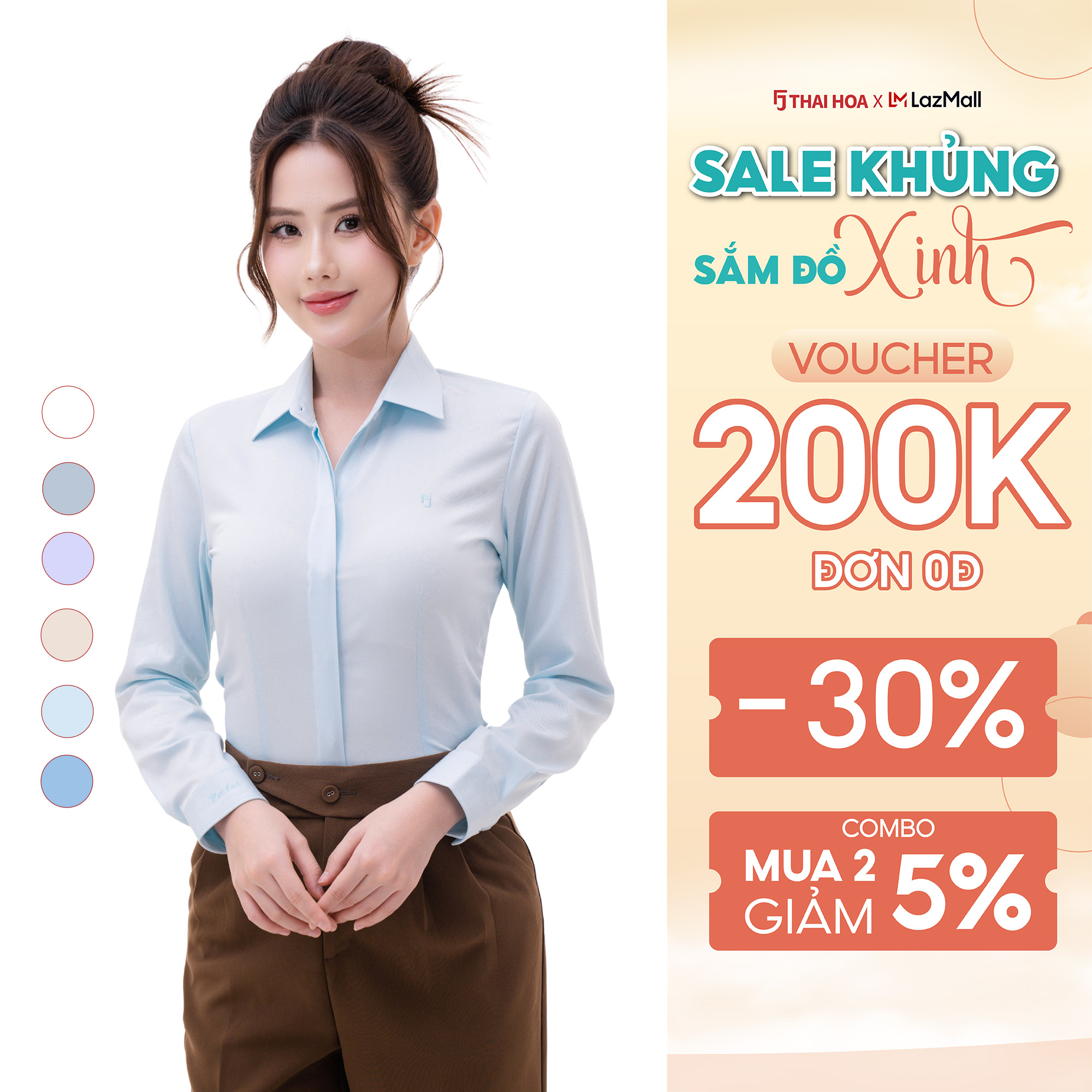 Áo sơ mi các màu nữ công sở Thái Hòa thiết kế giấu cúc dài tay sợi tre 23ASW-103