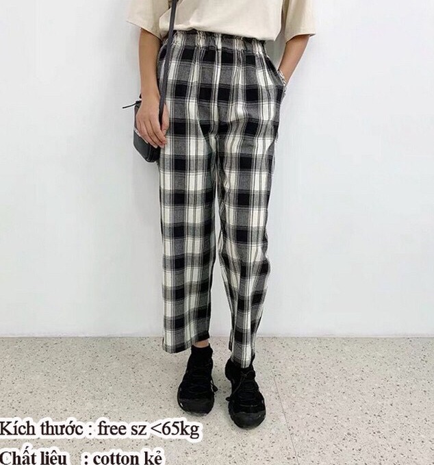 Hoa Fashion  XẢ KHO Quần Kẻ Sọc Caro Nâu Đen Ống Rộng Suông Phong Cách Hàn Quốc 2020