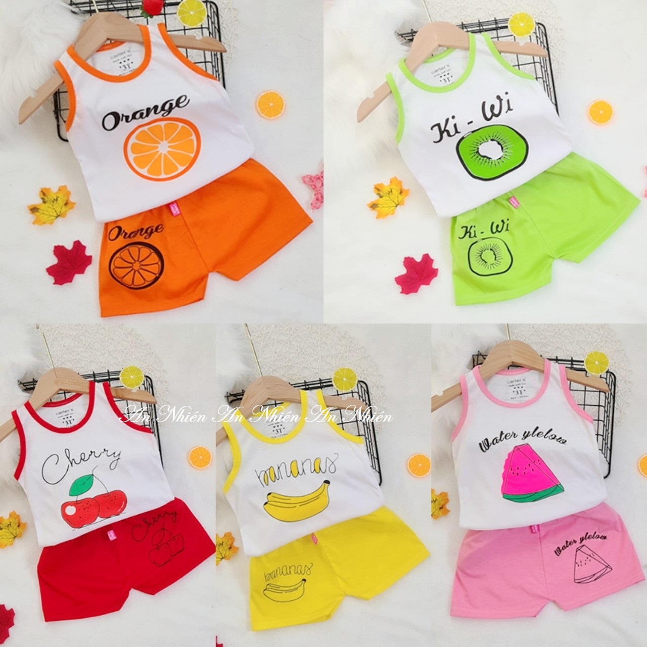 Quần áo trẻ em: Set bộ quần đùi áo ba lỗ cherry, trái cây cho bé 3-15kg
