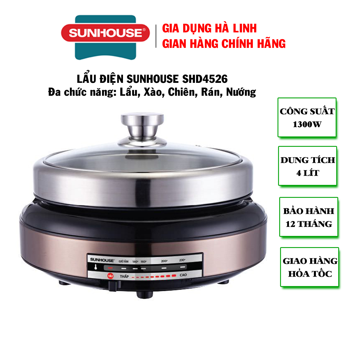 Nồi lẩu điện SUNHOUSE SHD4526 - Nồi lẩu đa năng Sunhouse - Lẩu nướng đa năng Sunhouse - Lẩu điện đa năng Lẩu, Xào, Chiên, Rán, Nướng - Lòng nồi chống dính cao cấp, Dung tích 4L, Công suất 1300W, Bảo hành 12 tháng
