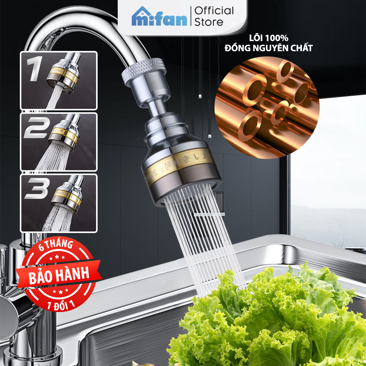  Đầu vòi rửa bát tăng áp đồng thau inox 304 cao cấp Mifan - 3 Chế độ phun cực mạnh xoay 360 - Sử dụng cho bồn rửa chén bát 