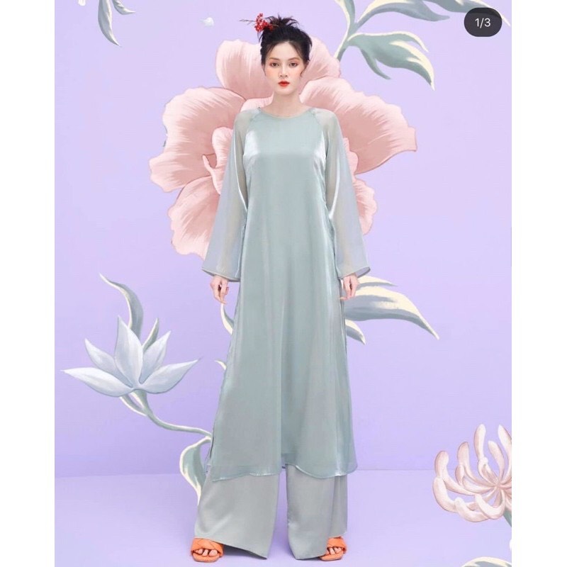 Bộ áo dài cách tân suông tơ sống 4 tà chụp Tết siêu xinh