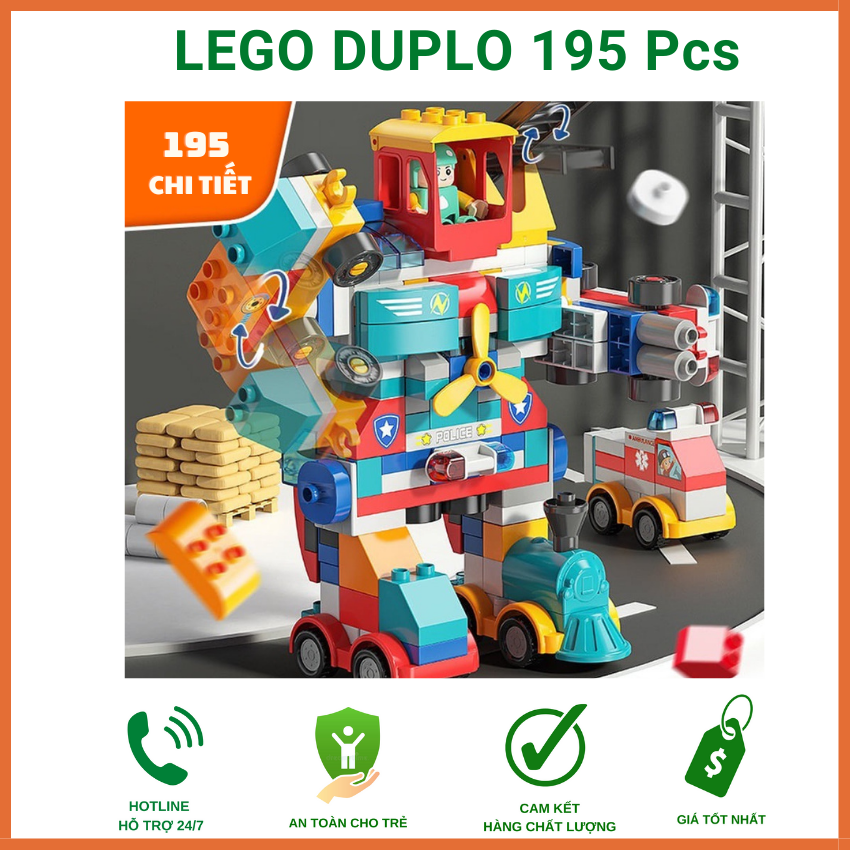 Bộ Lego Duplo xe robot 195 chi tiết - Đồ chơi lắp ráp trí tuệ cho trẻ từ 2 tuổi, Đồ chơi Lego Robot chính hãng Feelo, Đồ Chơi Xếp Hình Cho Bé Trai, Bé Gái Siêu Đẹp, Đồ chơi robot biến hình 195 chi tiết