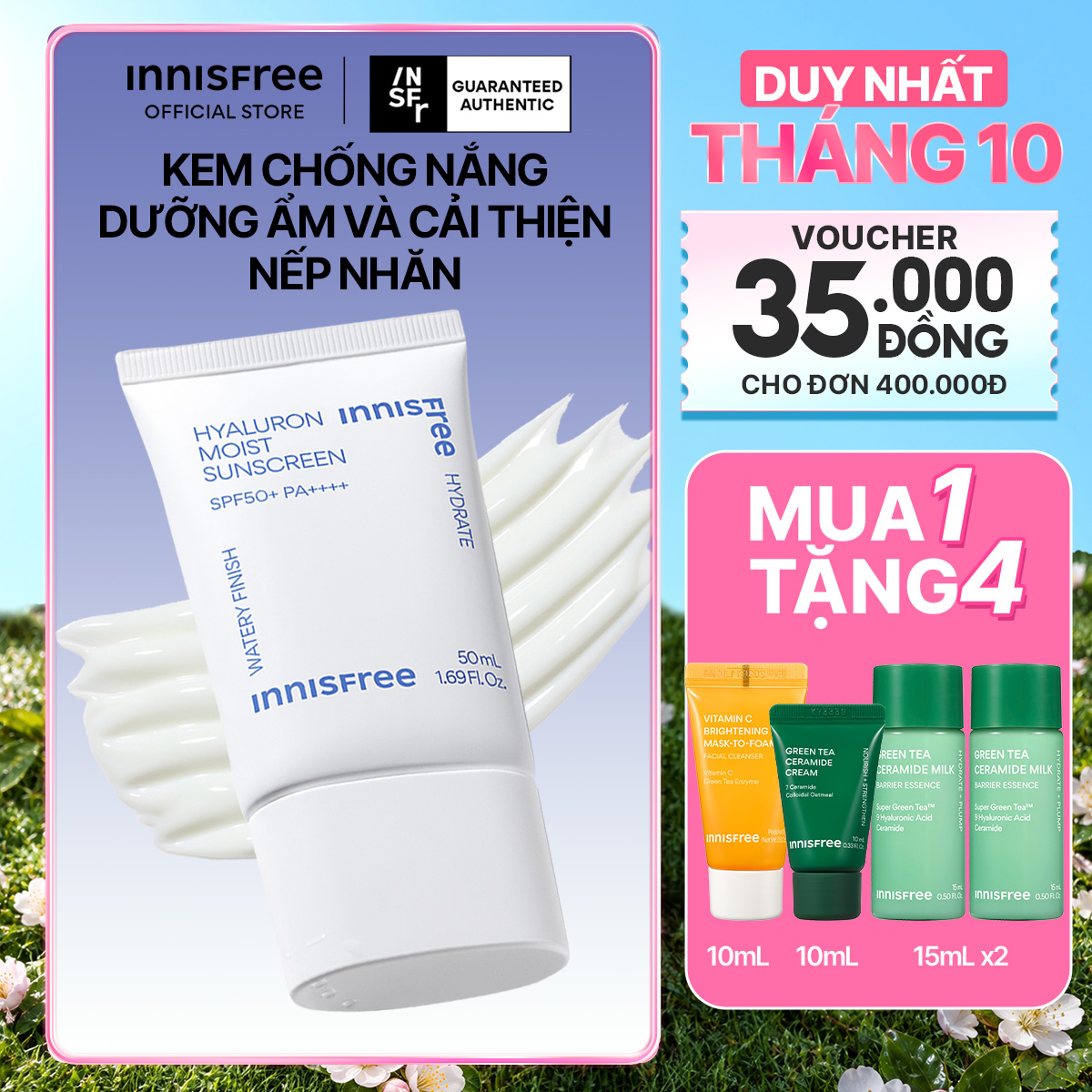 Kem chống nắng dưỡng ẩm INNISFREE Hyaluron Moist Sunscreen SPF50+ PA++++