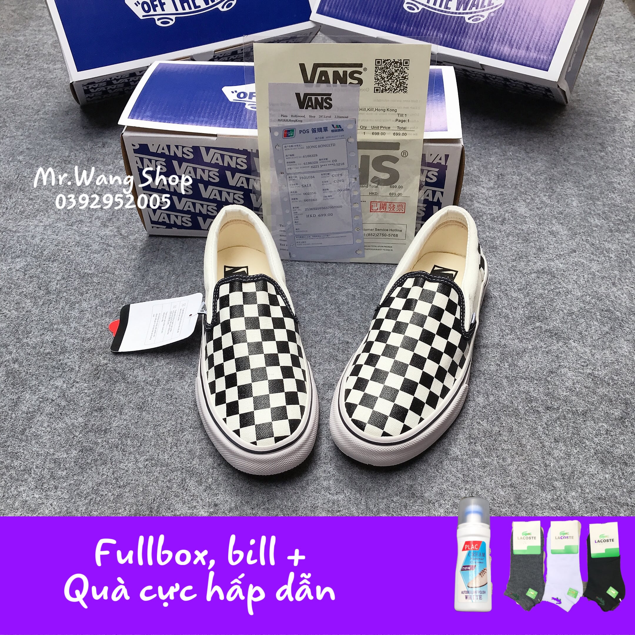 [Fullbox, Bill + Tất + Lọ tẩy trắng] Giày thể thao nam nữ Vans Slip On Lười Caro 36-43
