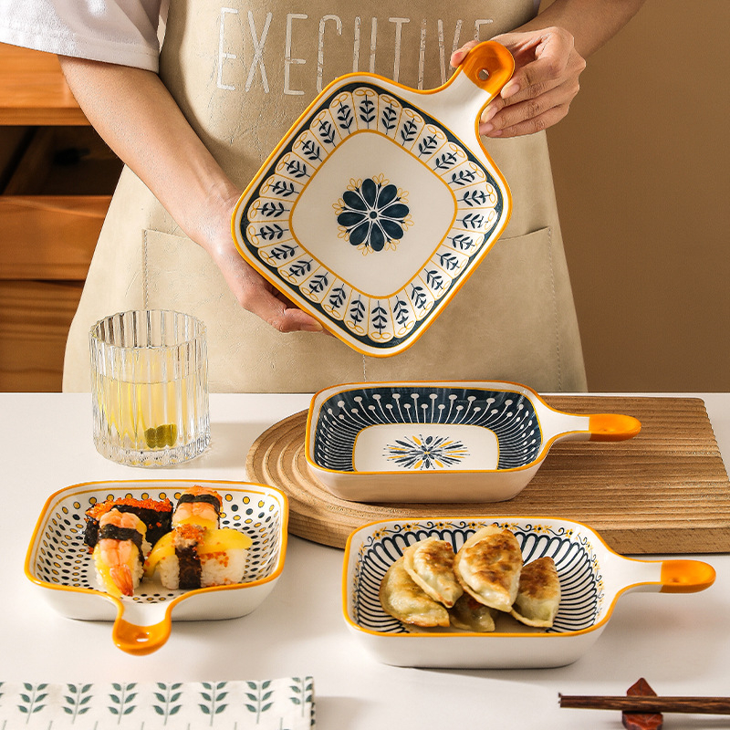 Đĩa decor có tay cầm bắc âu scandinavia, khay sứ vuông tay cầm cao cấp