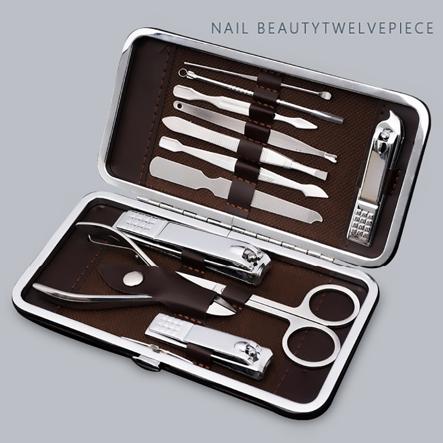 Bộ Kiềm Cắt, Bấm Móng Tay , Lấy Ráy Tai , Que Nặn Mụn , Kéo Tỉa Lông Mày Inox 12 Món Full Box Hộp Da Sang Trọng