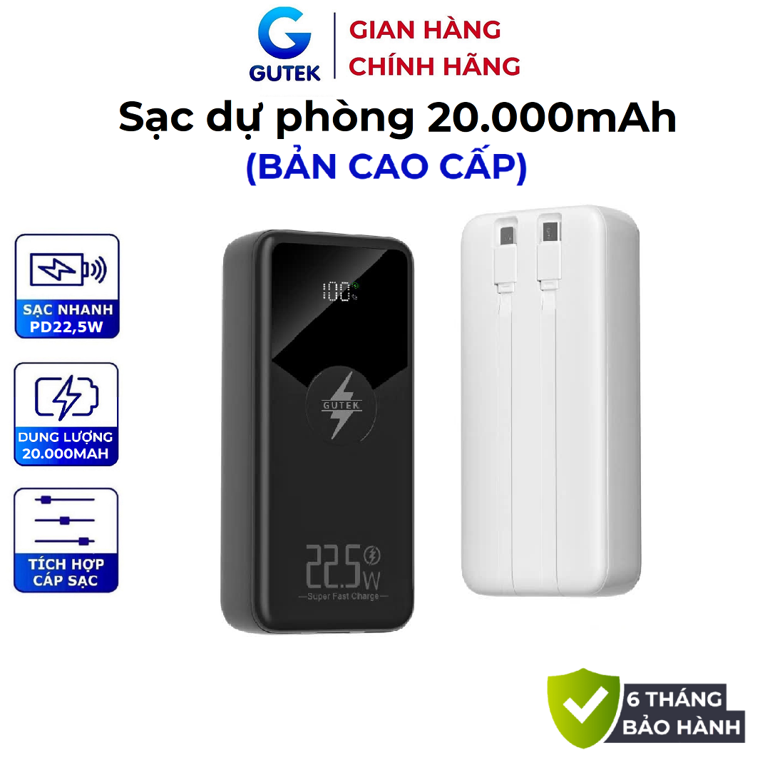  Sạc dự phòng 20000mAh Gutek GT229 sạc nhanh 100W pin dung lượng lớn tích hợp dây cáp cho điện thoại 