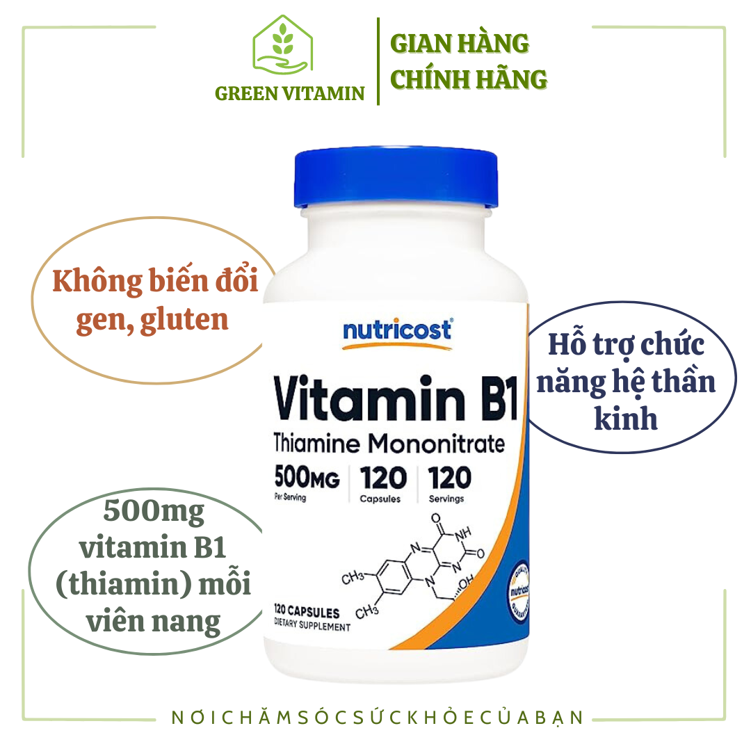 Nutricost Vitamin B1 Thiamine Mononitrate 500mg - Viên uống hỗ trợ chức năng hệ thần kinh, chuyển hóa năng lượng 120 viên