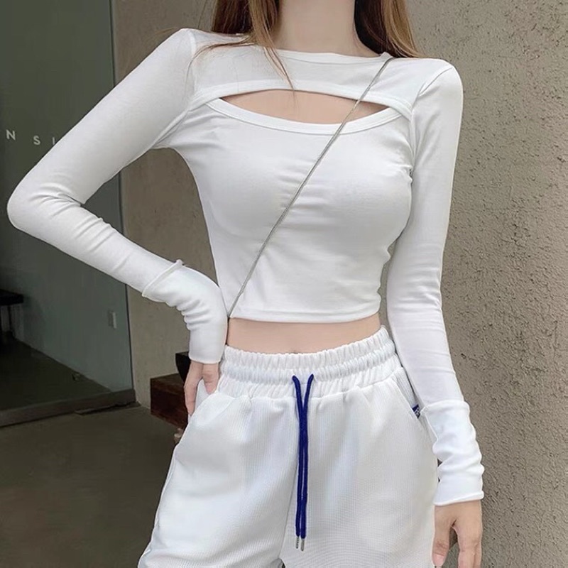 Áo thun kiểu tay dài croptop phối kiểu xẻ ngực cá tính