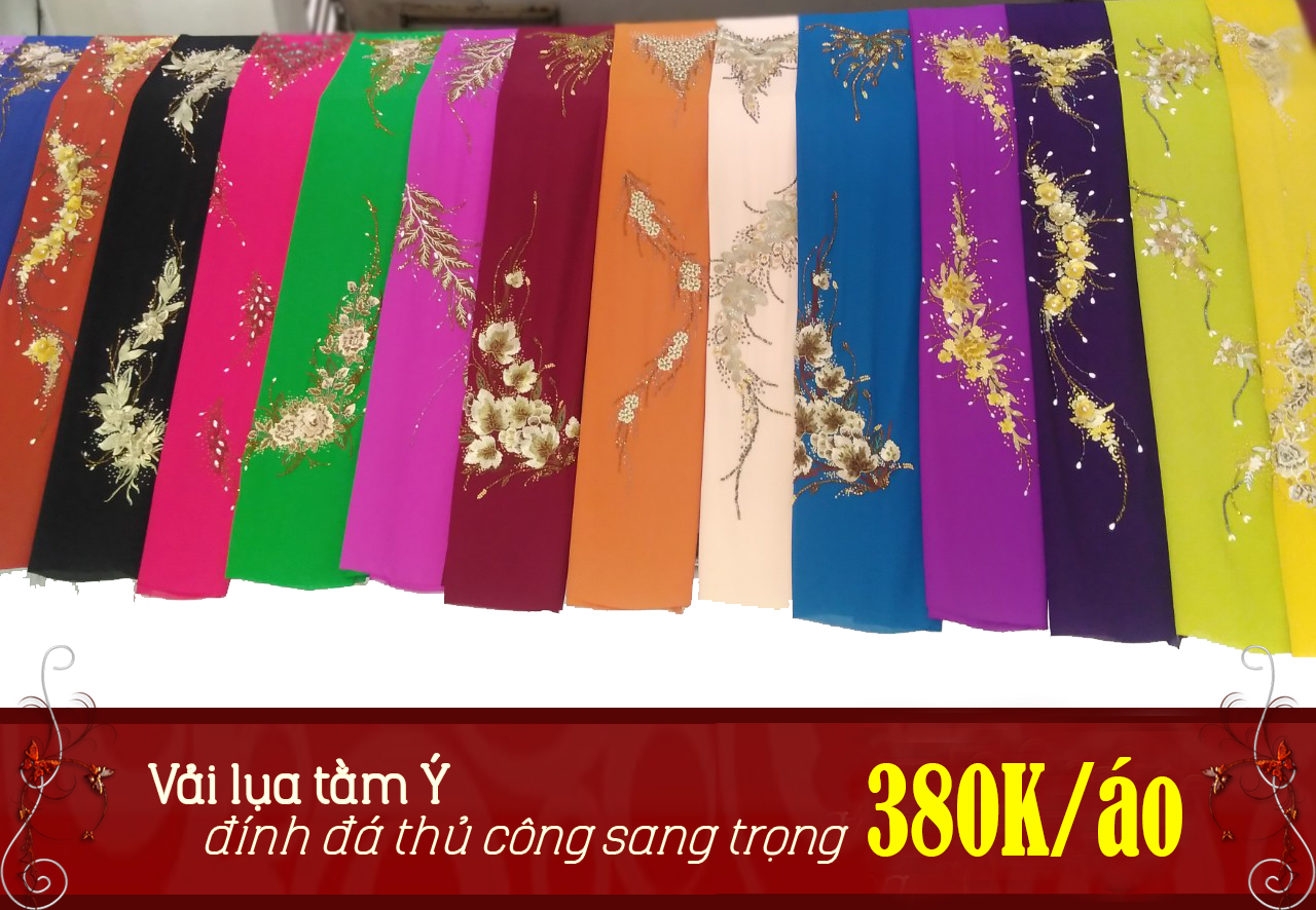 Vải may áo dài, lụa tằm Ý đính đá thủ công sang trọng 380K/áo