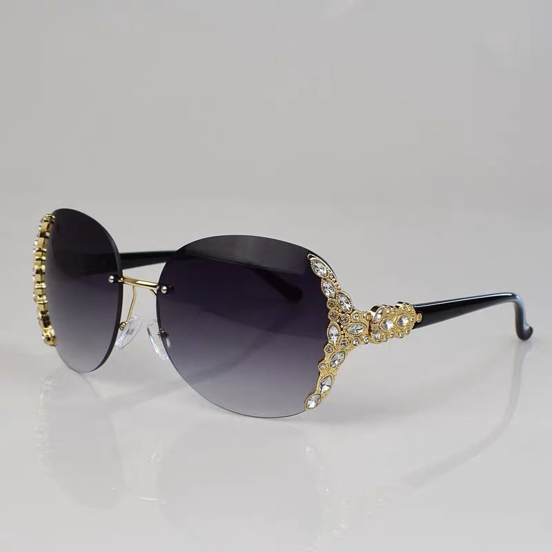 Mắt Kính Râm Chống Nắng Nữ Thiết Kế Không Viền Dáng Kính Mắt Tròn Đính Hạt Sang Chảnh