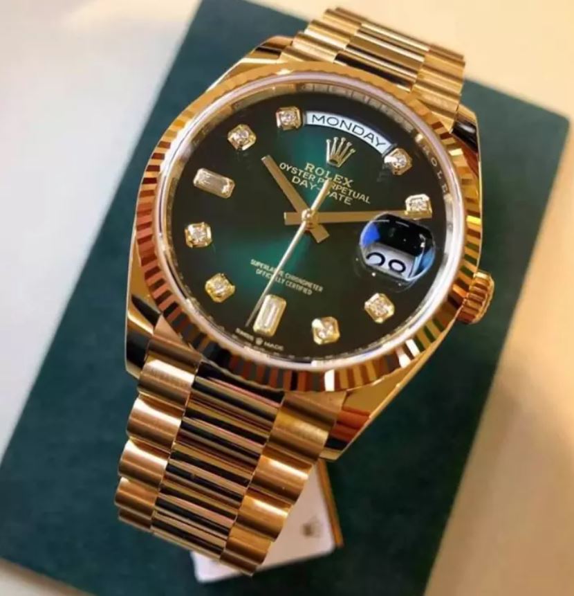 Đồng hồ nam lex667 automatic hai lịch rl mặt xanh lá dây vàng - size 36mm