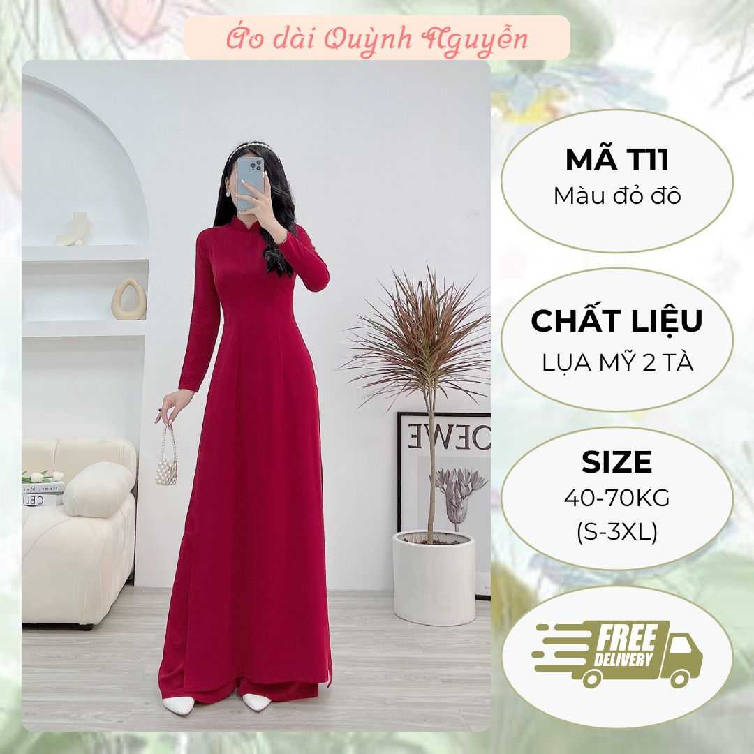 Áo dài, áo dài trơn đỏ đô áo dài lụa mỹ 2 tà cổ cao mã t11