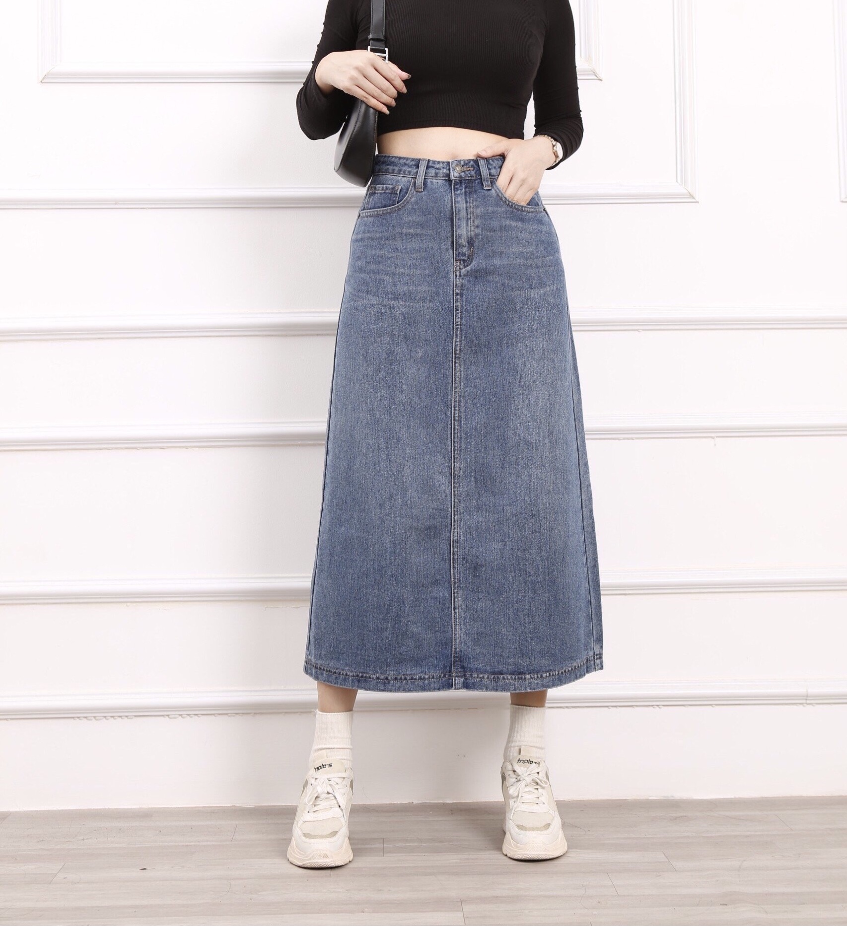Chân váy jean chữ a, midi jean dáng dài cp54, ct jeans