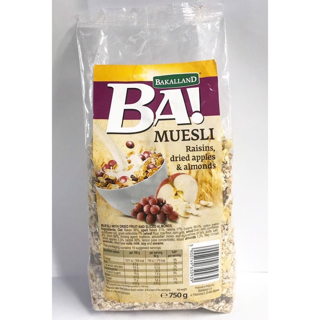 [HCM]Ngũ cốc giảm cân không đường Bakalland Muesli nho táo hạnh nhân 750gr sản xuất Ba Lan