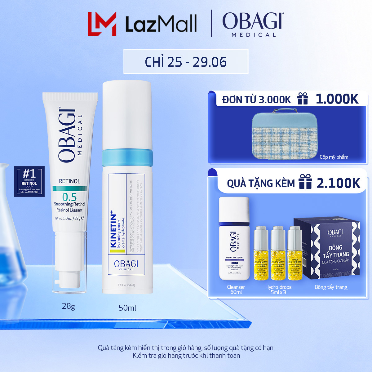 [Phiên bản mới] Bộ đôi Kem chống lão hóa Obagi 360 Retinol 0.5 28g và Kem dưỡng phục hồi làm dịu da Obagi Clinical Kinetin+ Hydrating Cream 50ml